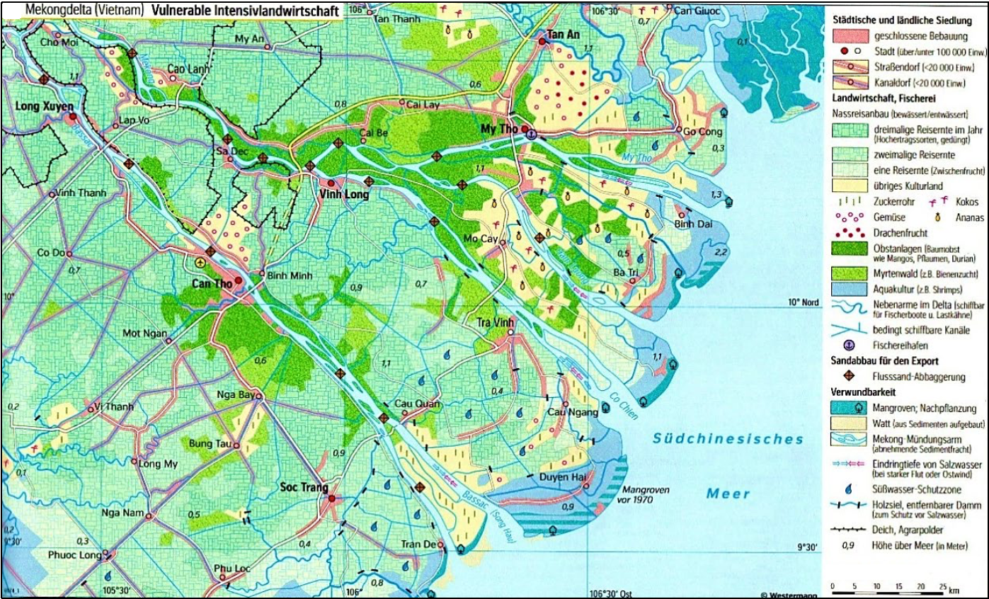 Karte des Mekong-Deltas (Vietnam) mit Flüssen, Städten, landwirtschaftlichen Nutzflächen und Legende.